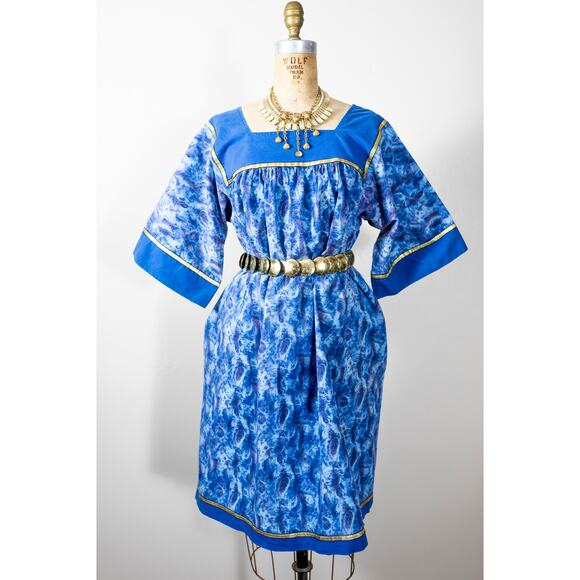 Vintage 70s Renaissance MuuMuu Dress Medieval, Blue Gold Renfaire Pockets! M-L - Picture 1 of 11